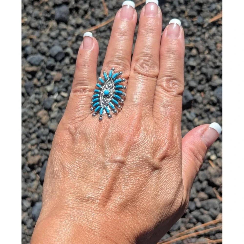 Zuni Ring Turquoise Cluster Auth Native American Handmade Jewelry sz 9.5 **‎